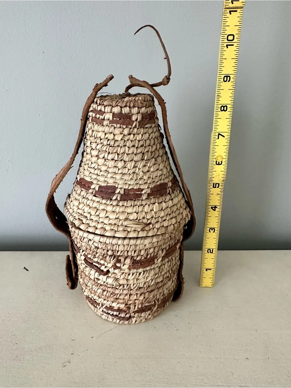 Antique Egyptian handmade leather basket with lid Africa African vintage